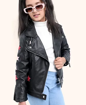 Pine Kids Medium Winter Full Sleeves PU Leather Jacket Star Embroidery - Black