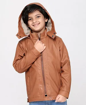 Pine Kids Medium Winter Wear Full Sleeves PU Leather Detachable Hooded Jacket - Brown