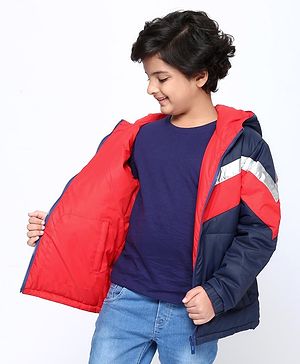 Pine Kids Medium Winter Full Sleeves Hooded Padded Reversible Jacket - Navy Blue Red