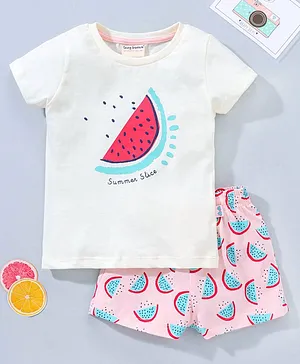 Lazy Bones Half Sleeves Tee & Shorts Fruit Print - Cream