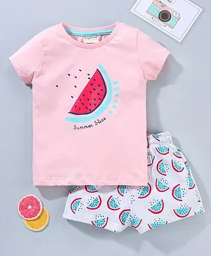 Lazy Bones Half Sleeves Tee & Shorts Fruit Print - Pink