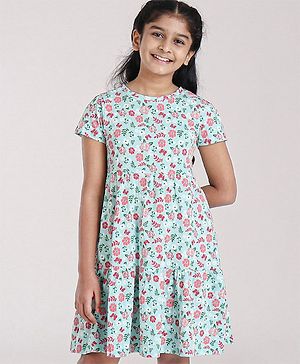 Pine Kids Short Sleeves Biowash Frock Floral Print - Sea Green