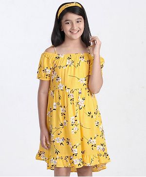 Pine Kids Half Sleeves Frock with Hair Band - Yellow
