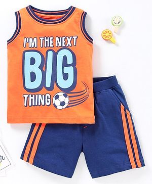 Babyhug Sleeveless Tee with Shorts Text Print - Orange Navy Blue