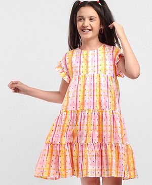 Pine Kids All Over Embroidered Frill Sleeves Frock - Multicolour