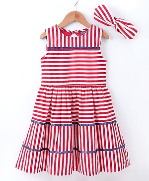 Pine Kids Sleeveless Stripe Biowash Frock With Headband - Red White