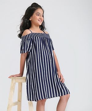 Pine Kids Cold Shoulder Sleeves Striped Rayon Fashion Dress - Navy