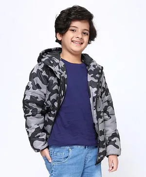 Pine Kids Fulll Sleeves Camouflage Hooded Padded Jacket - Black Grey