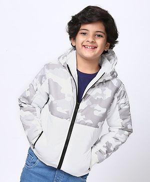 Pine Kids Medium Winter Full Sleeves Camouflage Hooded Padded Jacket - White Grey