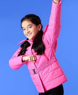 Pine Kids Medium Winter Full Sleeve Hooded Padded Jacket with Belt - Pink