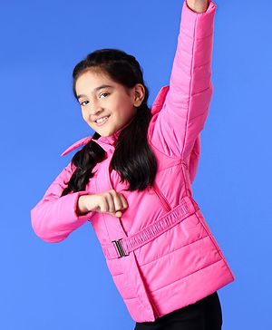 Pine Kids Medium Winter Full Sleeve Hooded Padded Jacket with Belt - Pink
