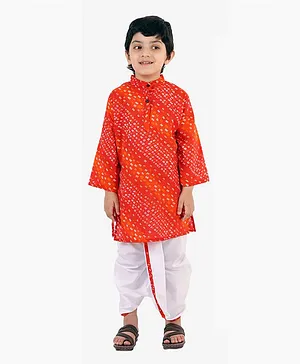 BuzzyBEE Full Sleeves Bandhani Print Kurta With Dhoti - Orange