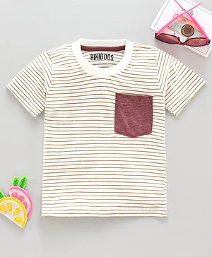 Rikidoos Half Sleeves Front Pocketed Striped Tee - White