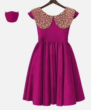 HEYKIDOO Cap Sleeves Flower Embroidered Neckline Dress With Matching Mask - Pink