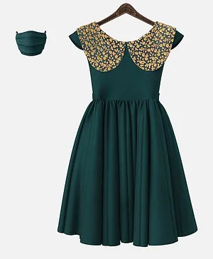 HEYKIDOO Cap Sleeves Flower Embroidered Neckline Dress With Matching Mask - Green