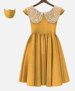 HEYKIDOO Cap Sleeves Flower Embroidered Neckline Dress With Matching Mask - Yellow