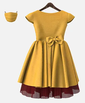 HEYKIDOO Cap Sleeves Bow Applique Dress With Matching Mask - Yellow