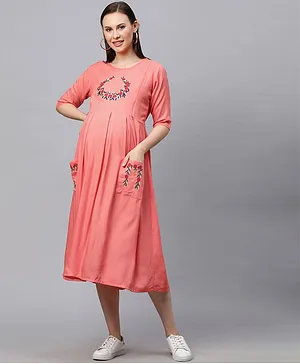 MomToBe Three Fourth Sleeves Flower Embroidered Maternity Dress - Coral Peach