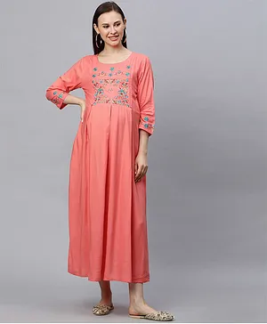 MomToBe Three Fourth Sleeves Flower Embroidered Maternity Dress - Coral Peach