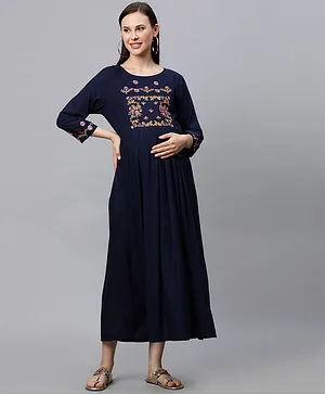 MomToBe Three Fourth Sleeves Flower Embroidered Maternity Dress - Blue