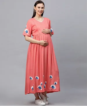 MomToBe Half Sleeves Flower Embroidered Maternity Dress - Peach