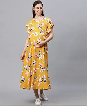 MomToBe Short Sleeves Floral Print Maternity & Nursing Dress - Yellow