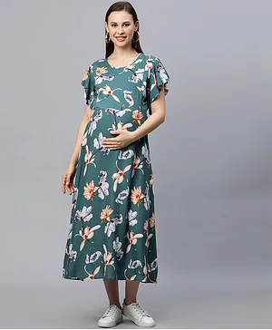 MomToBe Short Sleeves Floral Print Maternity & Nursing Dress - Green