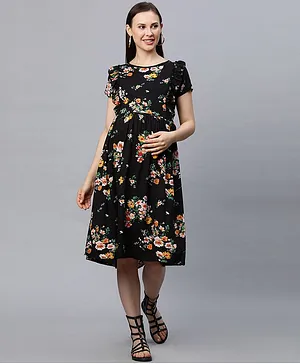 MomToBe Short Sleeves Floral Print Maternity & Nursing Dress - Black