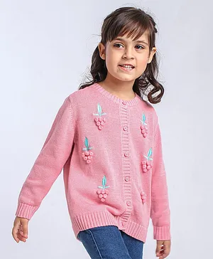 Babyoye Full Sleeves Cotton Front Open Sweater Grape Embroidery - Pink