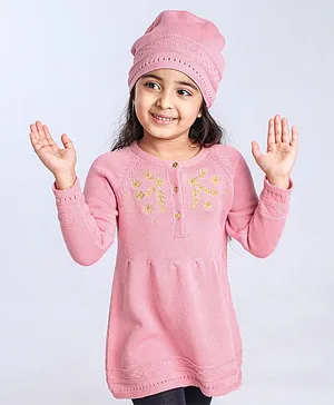 Babyoye Full Sleeves Woollen Dress With Cap Floral Design - Pink