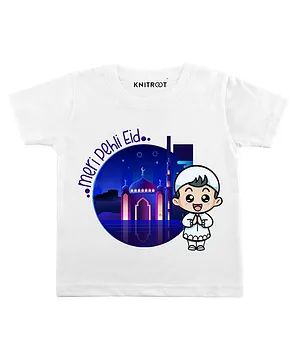 KNITROOT Half Sleeves Pehli Eid Print Boy T-Shirt - White