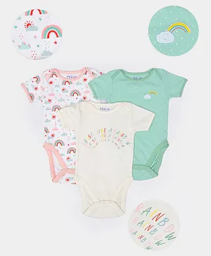 Mi Arcus Pack Of 3 Short Sleeves Rainbow & Polka Dot Print Detailing Onesies - White Pink Green