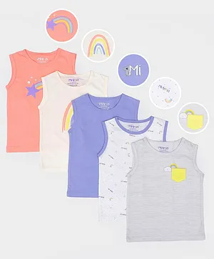 Mi Arcus Pack Of 5 Sleeveless Solid & Rainbow Printed Vest - Multi Colour