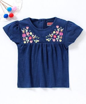 Babyhug Half Sleeves Tee Floral Embroidered - Blue