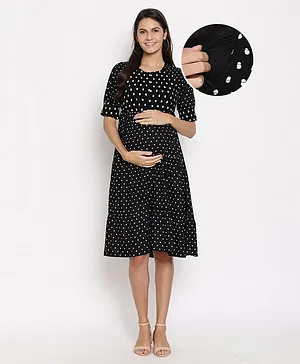 Bella Mama Half Sleeves Polka Dot Print Smocking Dress - Black