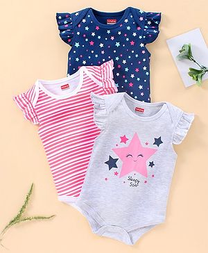 Babyhug Short Sleeves 100% Cotton Onesie Star Print Pack of 3 - Blue Pink