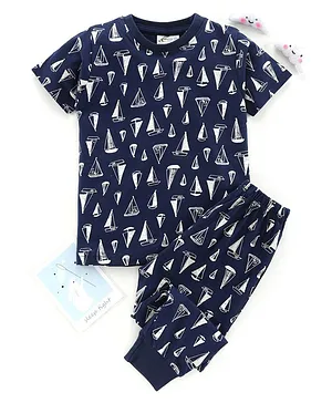 Earth Conscious Short Sleeves Boat Print Tee With Pajama - Blue