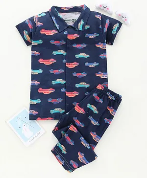 Earth Conscious Short Sleeves Car Print Night Suit - Blue