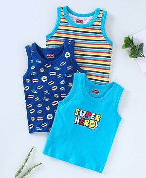 Babyhug 100% Cotton Sleeveless Antibacterial Finish Printed Vests Pack of 3 - Blue