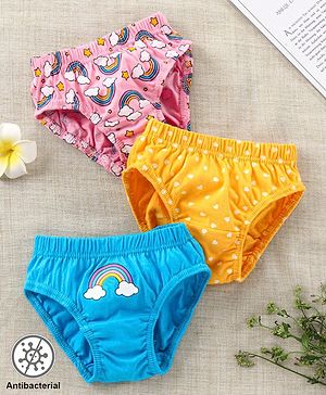 Babyhug 100%Cotton Anti Bacterial Finish Panties Rainbow & Heart Print Pack of 3 - Pink Yellow Blue
