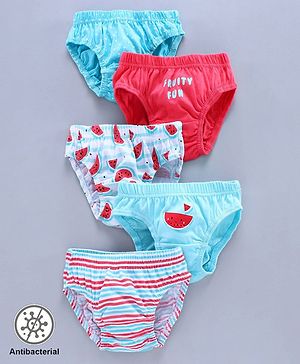 Babyhug 100% Cotton Antibacterial Finish Panties Fruits Print Pack of 5 - Pink Blue Blue