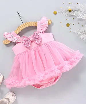 Mark & Mia Flutter Sleeves Frock Style Onesies Bow Applique - Pink