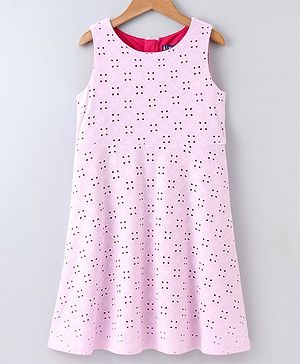 Pine Kids Sleeveless Schiffli Embroidered Frock With Contrast Lining - Pink