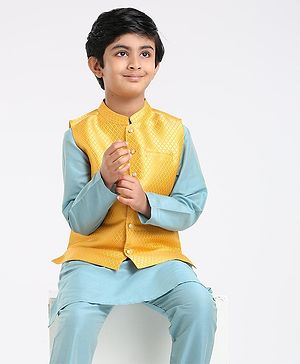Pine Kids Full Sleeves Kurta Pajama & Waistcoat - Blue Yellow