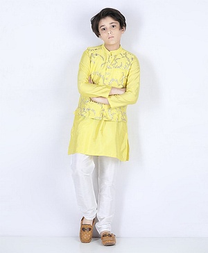 Pine Kids Full Sleeves Solid Kurta With Embroidered Nehru Jacket & Pyjama - Yellow