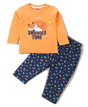 Babyhug Full Sleeves Fox & Leaves Print - Navy Orange