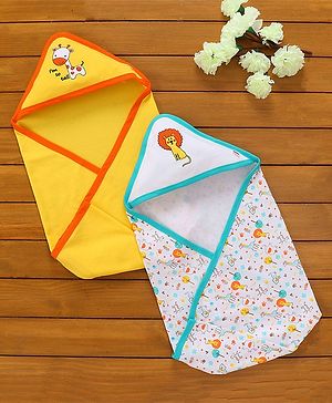 Babyhug Hooded Wrapper Lion Print Pack of 2 - Yellow and White