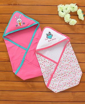 Babyhug Hooded Wrapper Floral Print Pack of 2-Pink And White