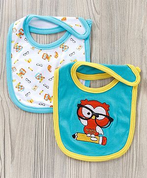 Babyhug Cotton Bib With Velcro Owl Print Pack of 2 - Blue