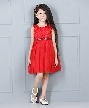 Babyhug Sleeveless Party Frock Sequin Detail - Red